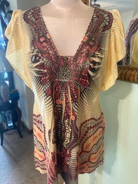 Boho Abstract Print Short Sleeve Tunic - Yellow & Burgundy